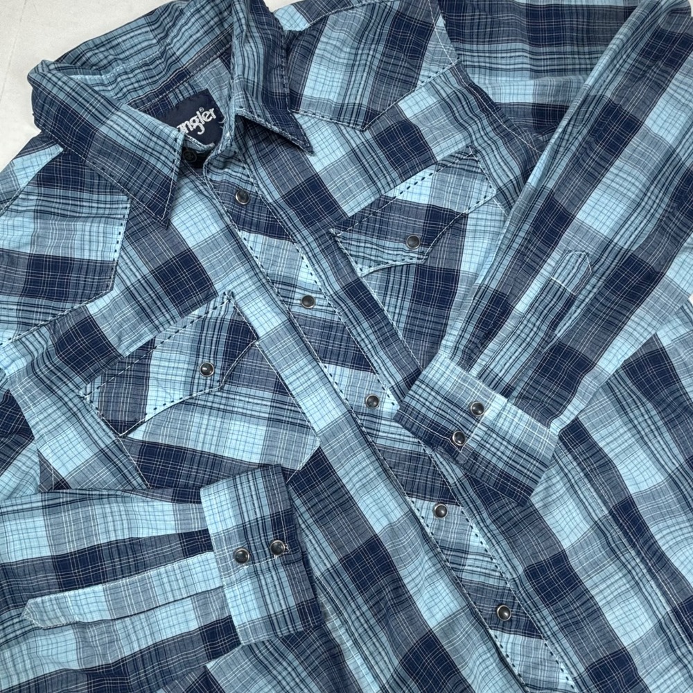 Wrangler Western Blue Plaid Pearl Snap Shirt Mens XL Long Sleeve Pockets EUC